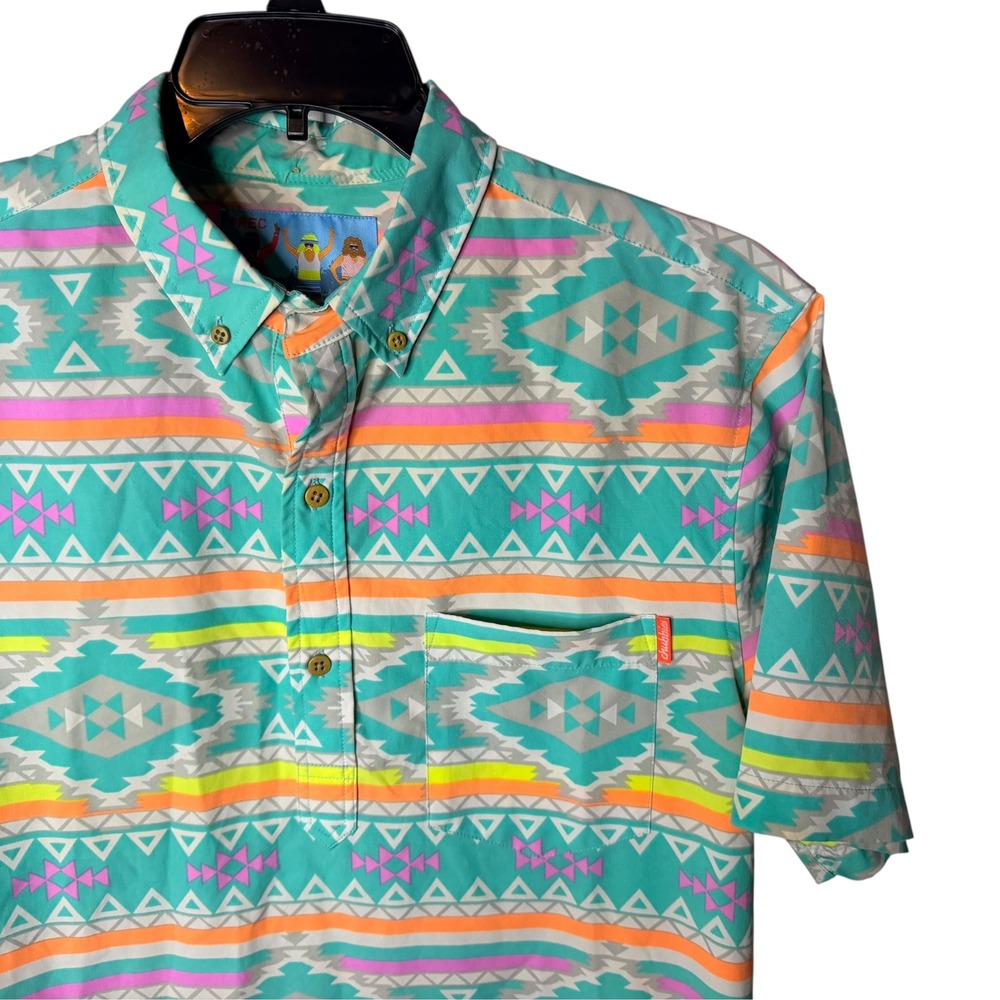 Chubbies Mens Large Teal Southwestern Geometric Neon Short Sleeve Button Up